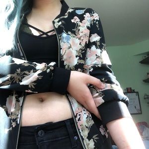 thin floral/black bomber jacket